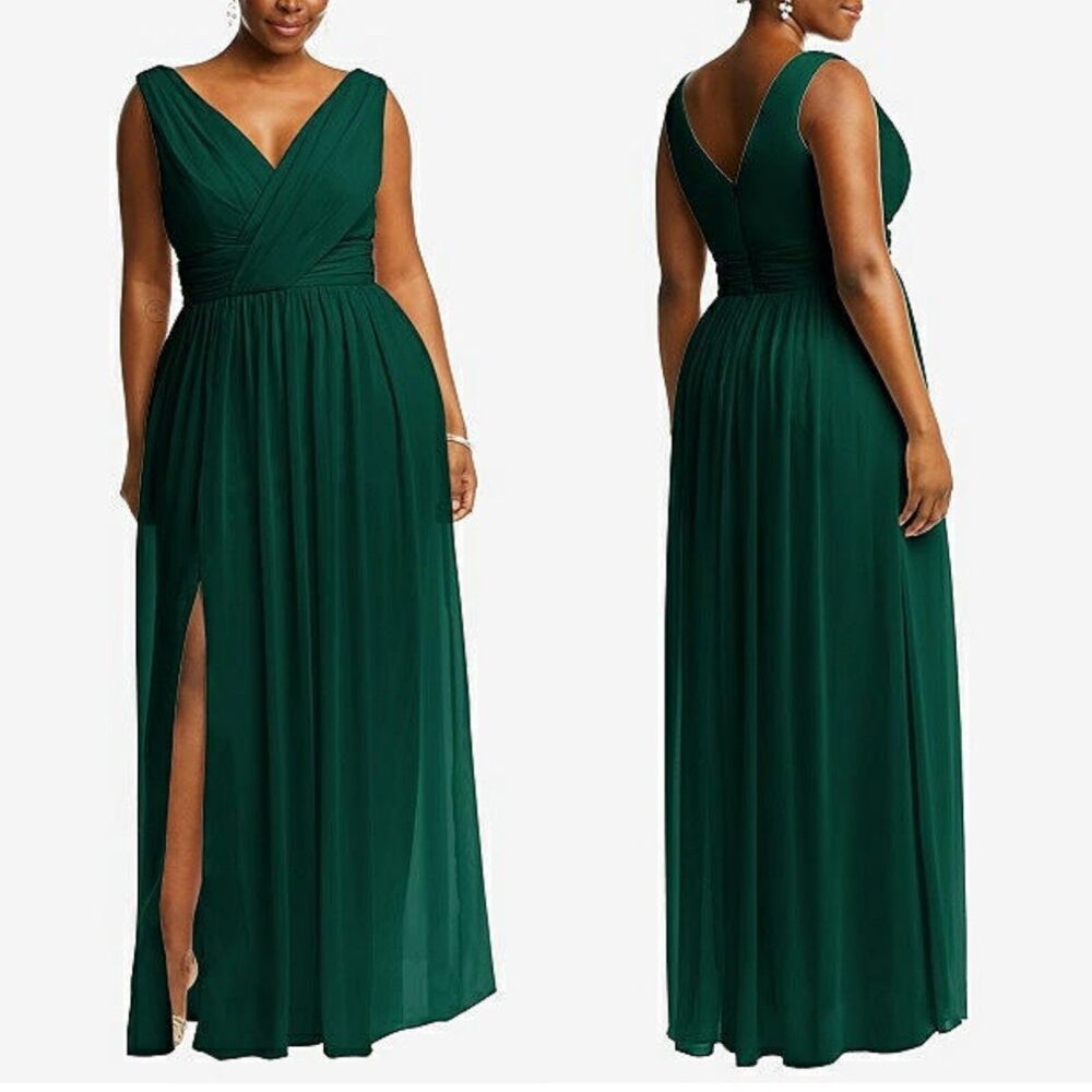 Dessy V Neck Sleeveless Maxi Dress Plus Size 16 Chiffon Gown Hunter Green Formal